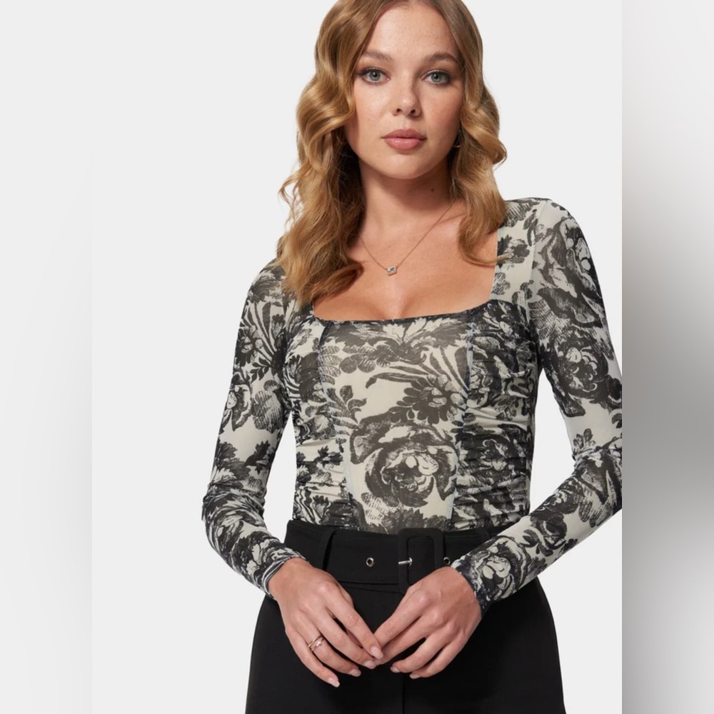 NWT Bebe Mesh Long Sleeve Ruched Bodysuit, Sketch Floral Print, XL, A66
